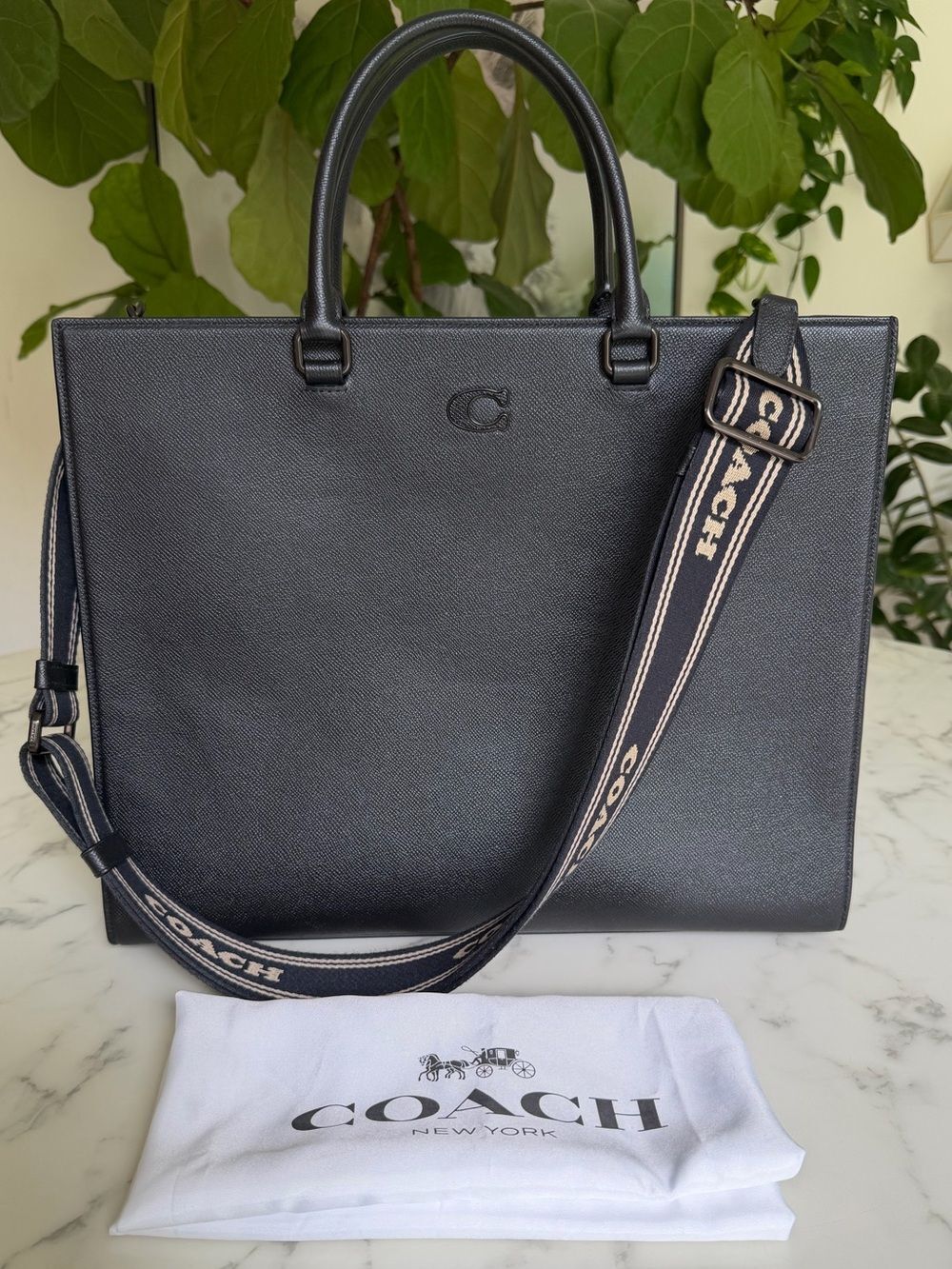 Coach Tote Bag 40 With Signature Canvas Black Leather Webbing Strap Unisex CJ844